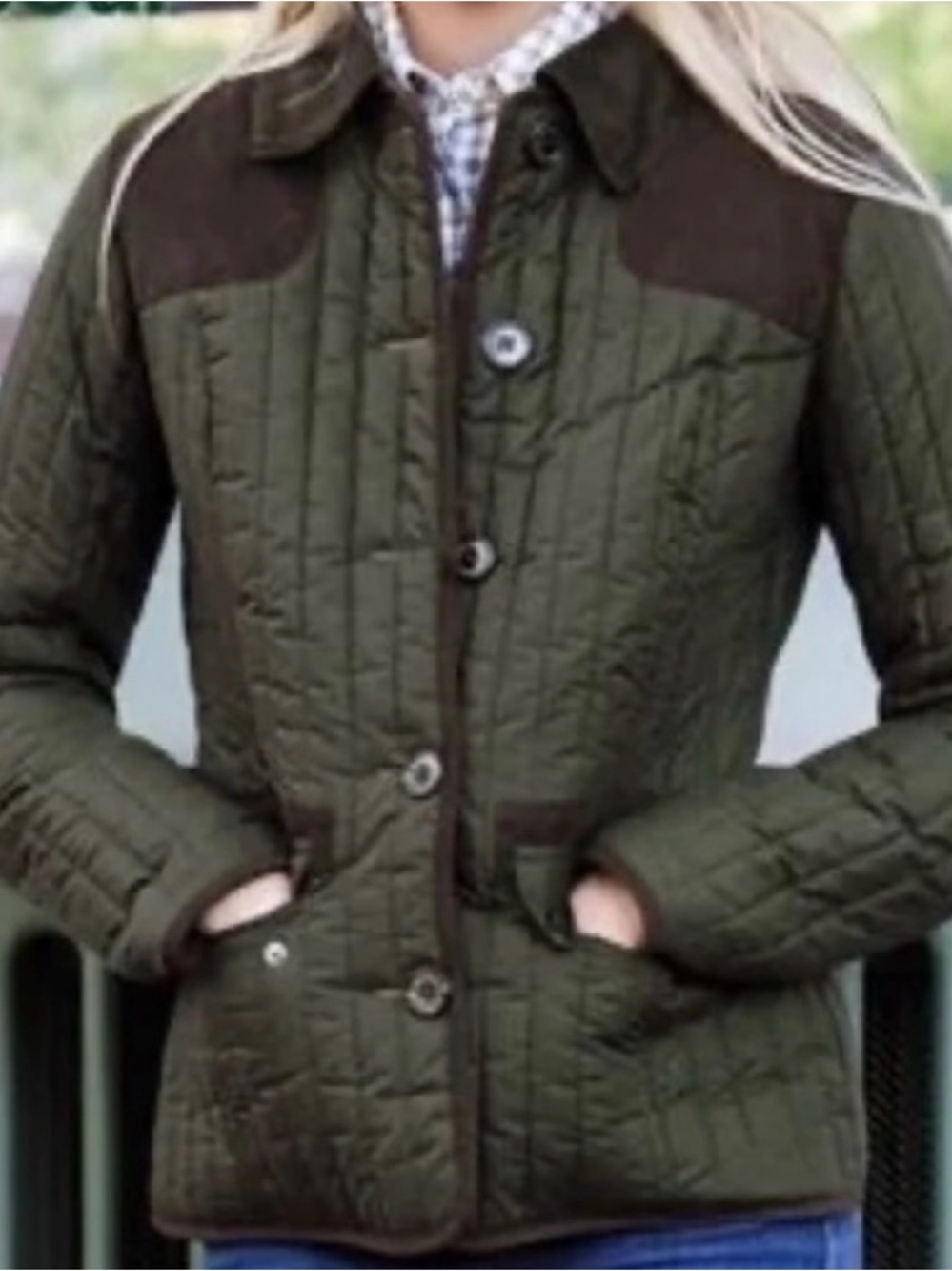 Barbour Dark Olive Quilted Jacket with Brown Corduroy Trim